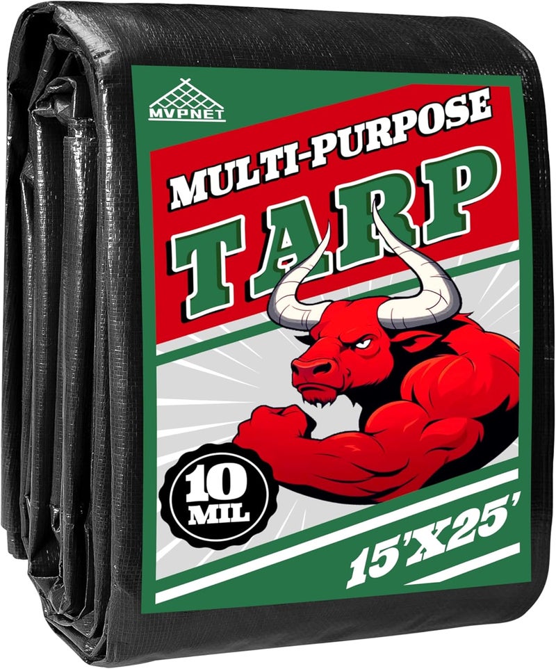 MVPNET Tarp 15x25 ft Heavy Duty 100% Waterproof 10mil,UV Resistant,Durable Grommets and Reinforced Edges Green/Black Tarp for Camping, Swimming Pools,Car Coverage -by - Image 1
